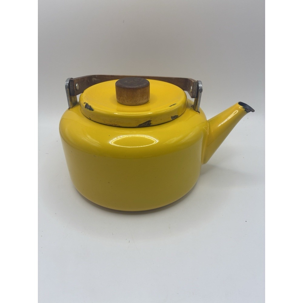 Vintage Yellow Enamel Teapot Tea Kettle MCM Wood Handle Some Damage
